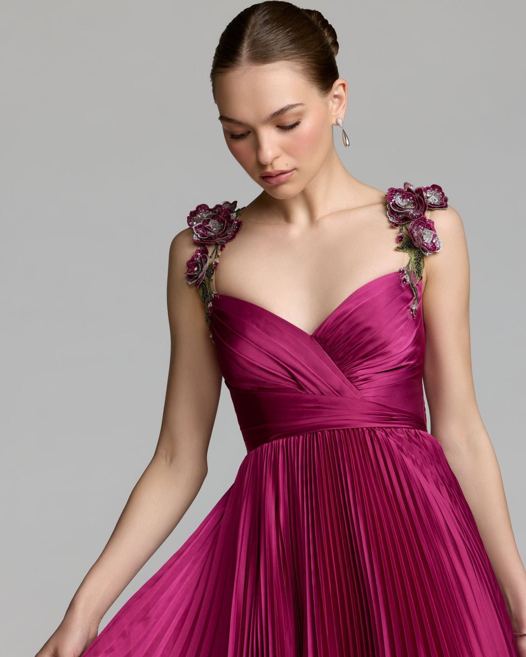 Magenta Pleated High Low Gown With 3D Floral Straps