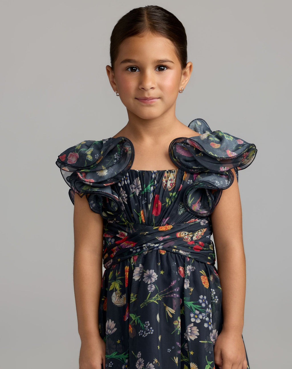 Girls Midnight Multi Floral Chiffon Ruffle Shoulder Dress
