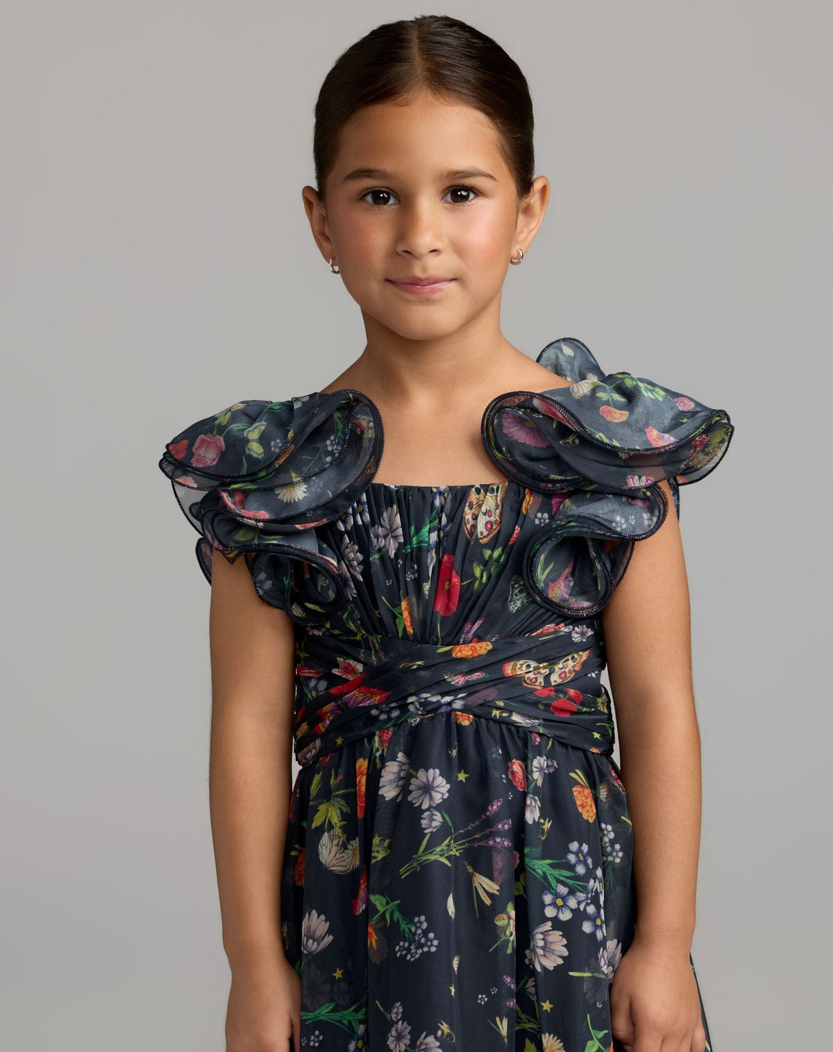 Girls Midnight Multi Floral Chiffon Ruffle Shoulder Dress