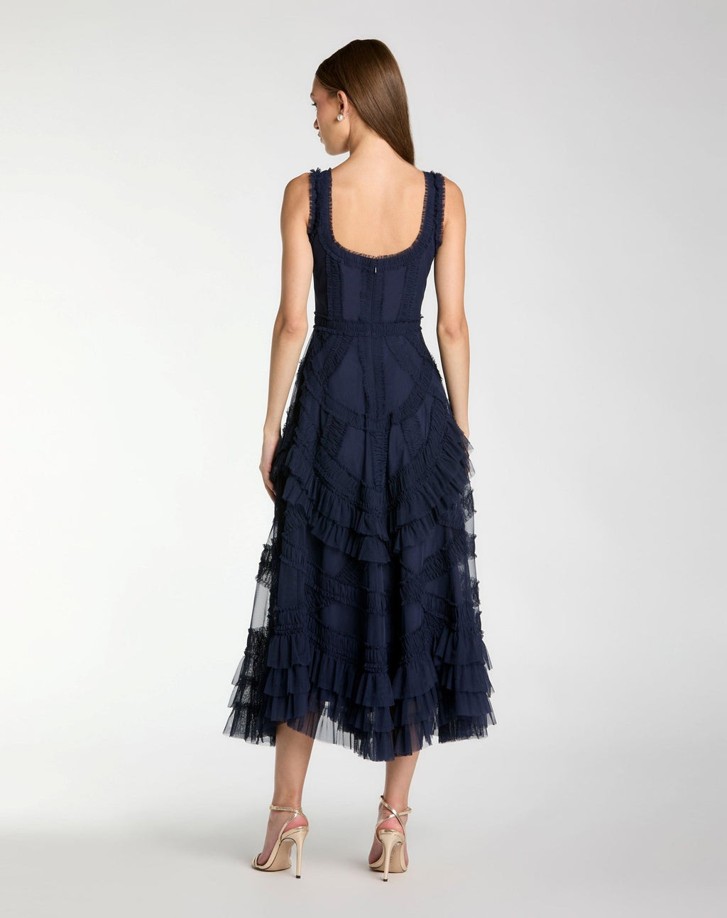 Navy Scoop Neck Sleeveless Micro Ruffle Midi Dress