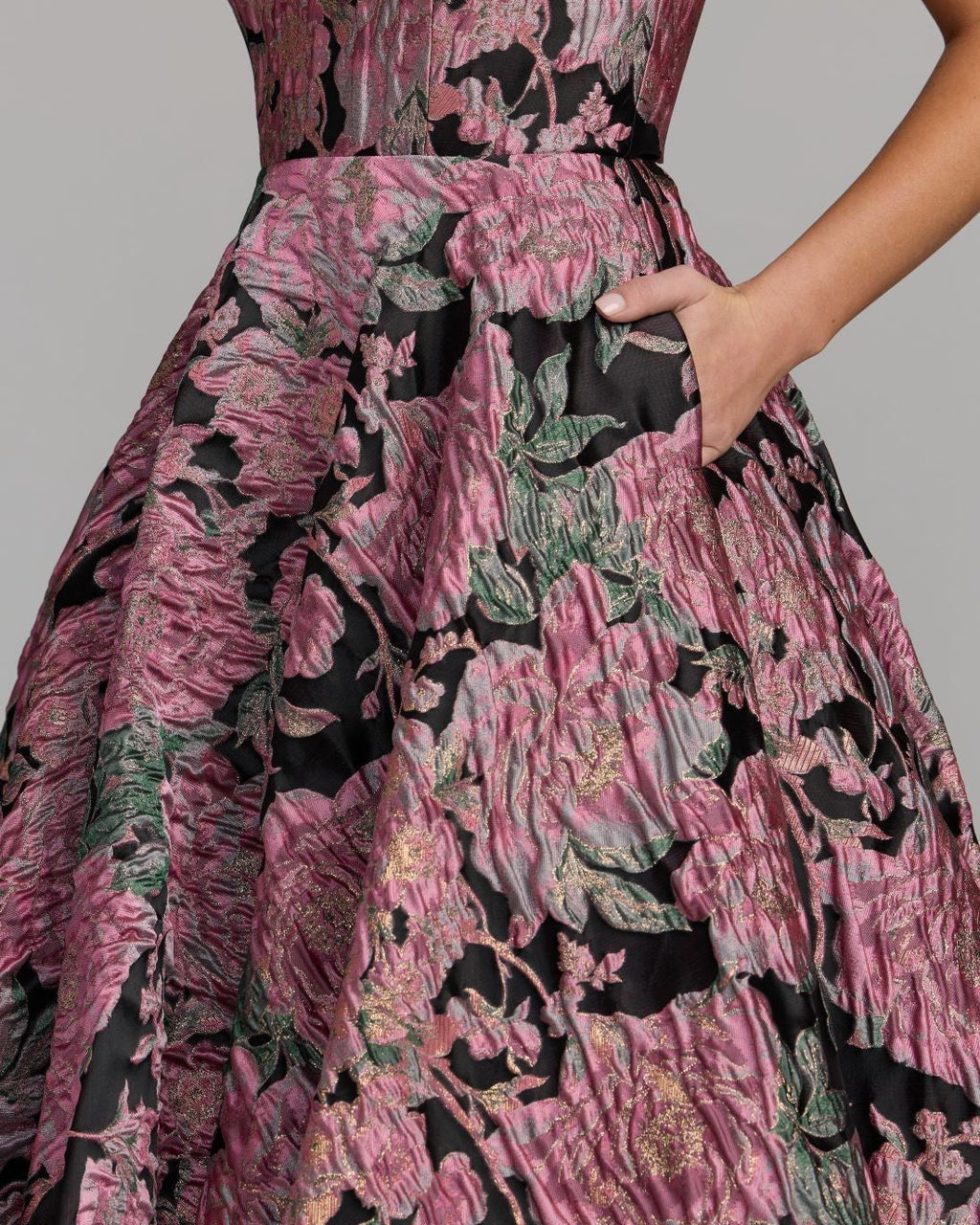Black Multi Strapless Brocade Midi Dress With Pockets