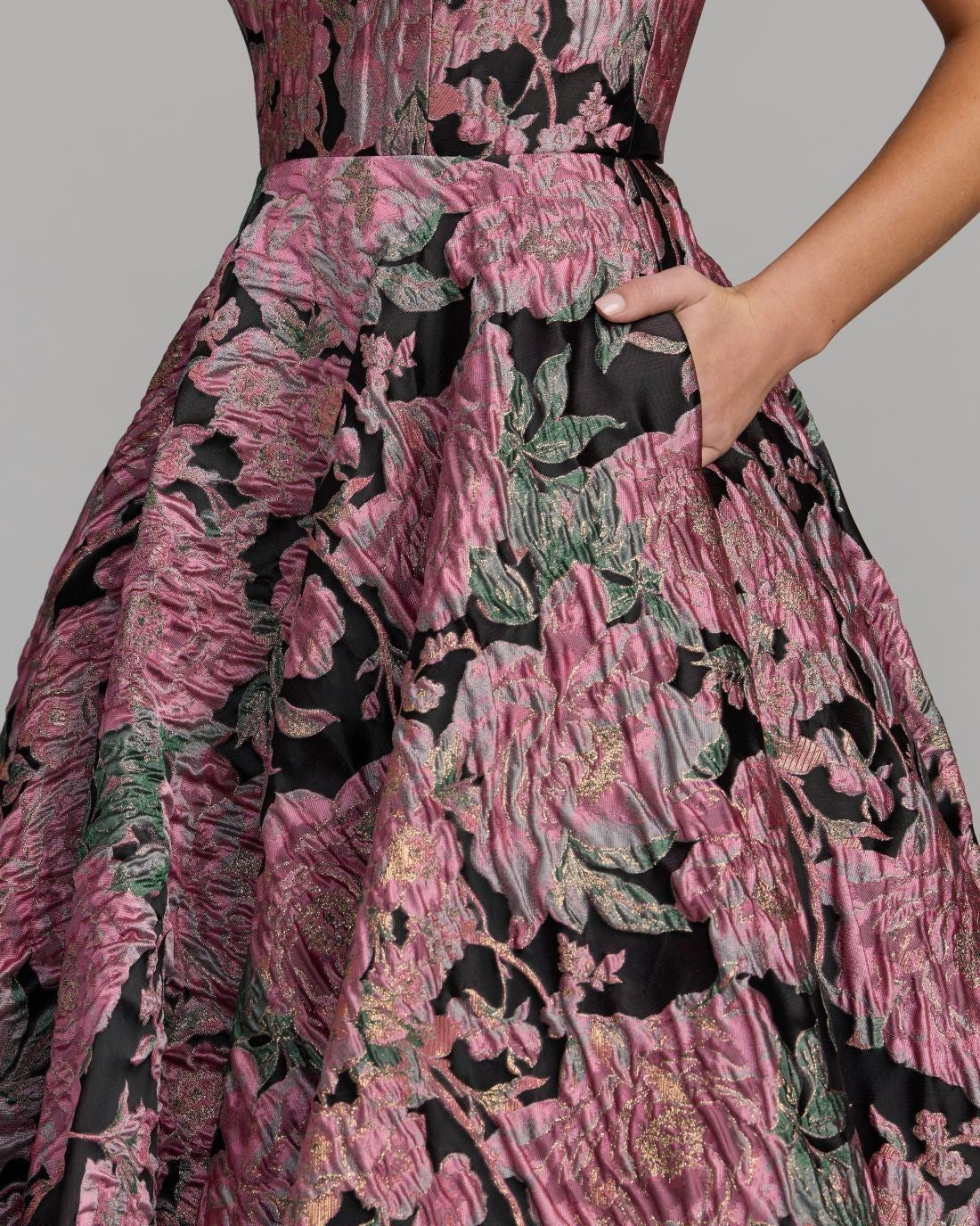 Black Multi Strapless Brocade Midi Dress With Pockets