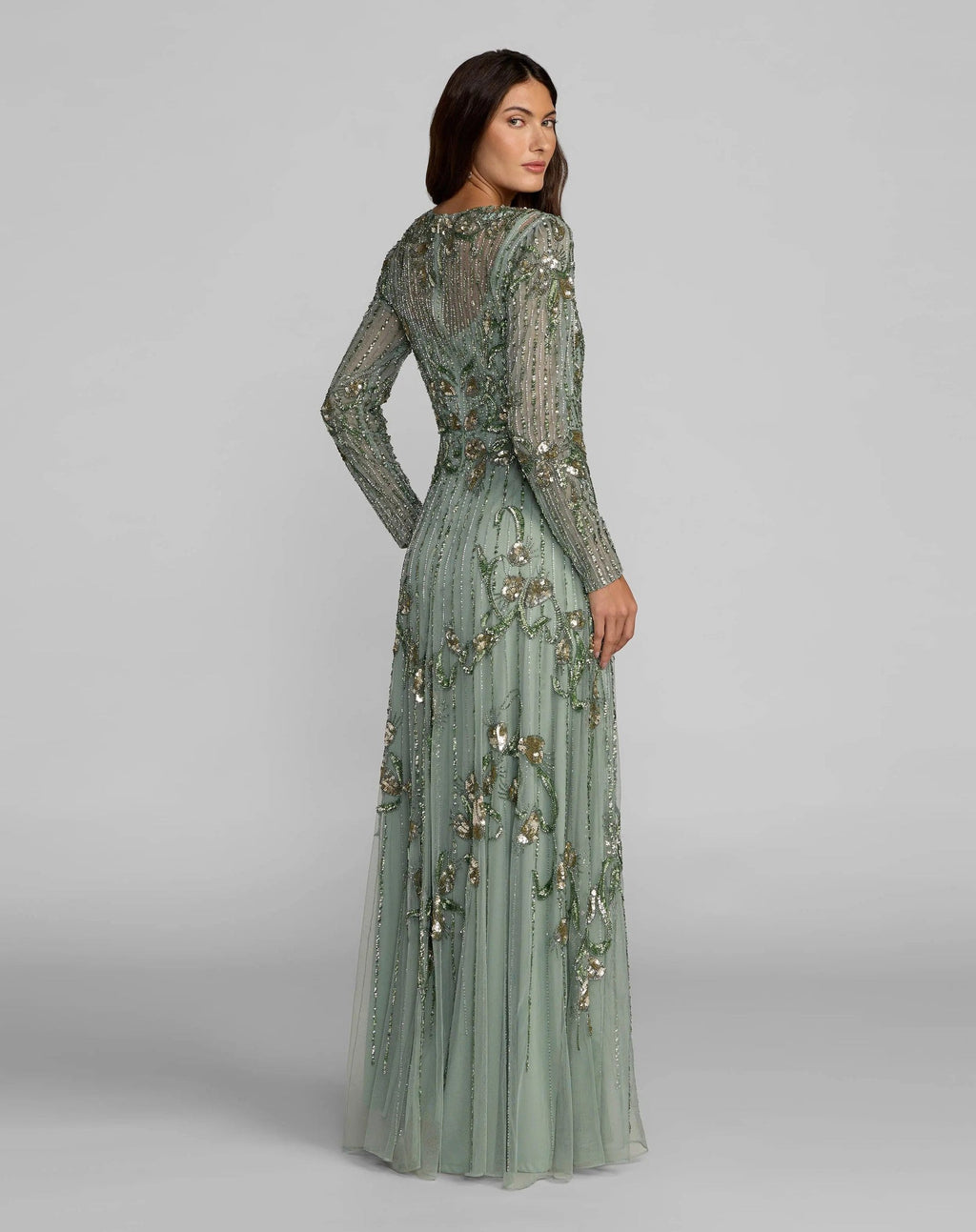 Sage Beaded Long Sleeve A Line Gown