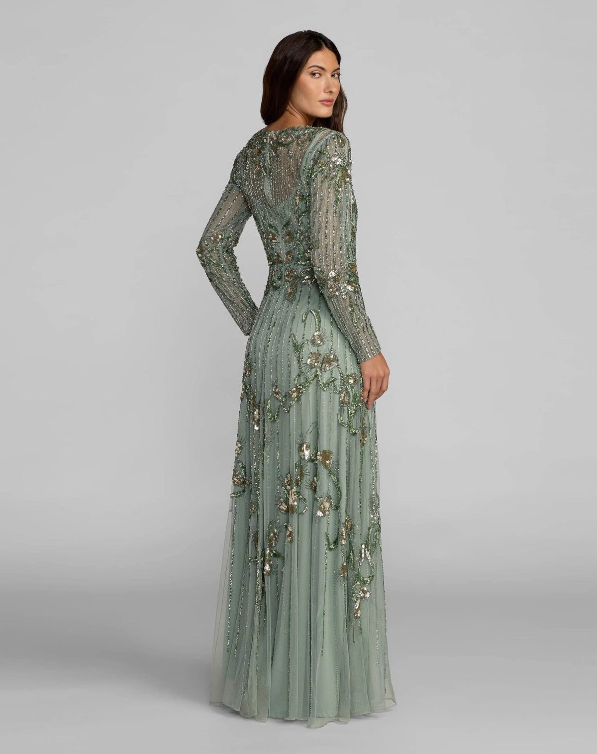 Sage Beaded Long Sleeve A Line Gown