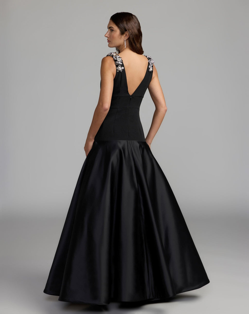 Black Crepe And Satin Plunging V-Neck Ball Gown