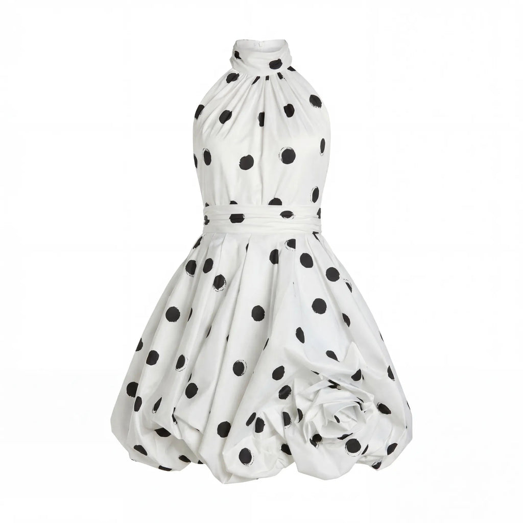 White Polka Dot Halter Bubble Mini Dress