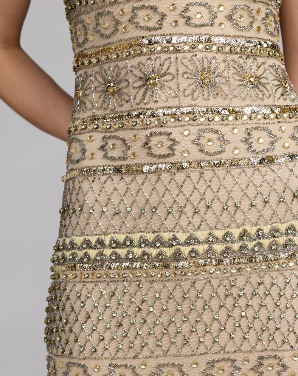 Nude Gold Sleeveless Square Neck Beaded Gown