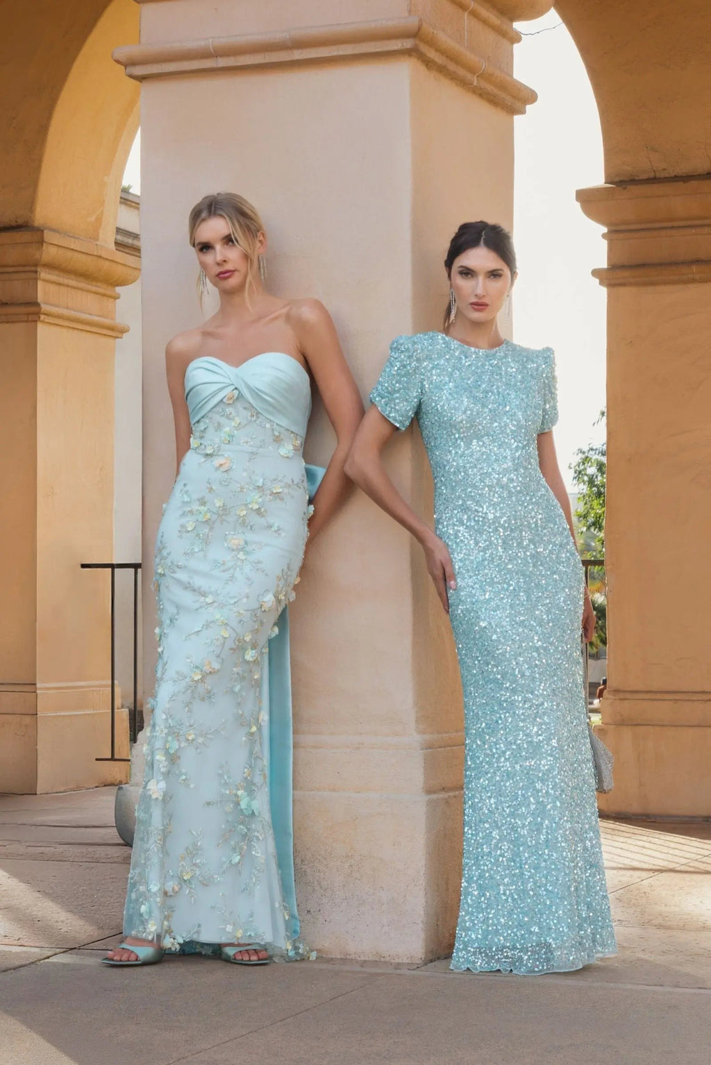 Powder Blue Gathered Short Sleeve Embellished Gown