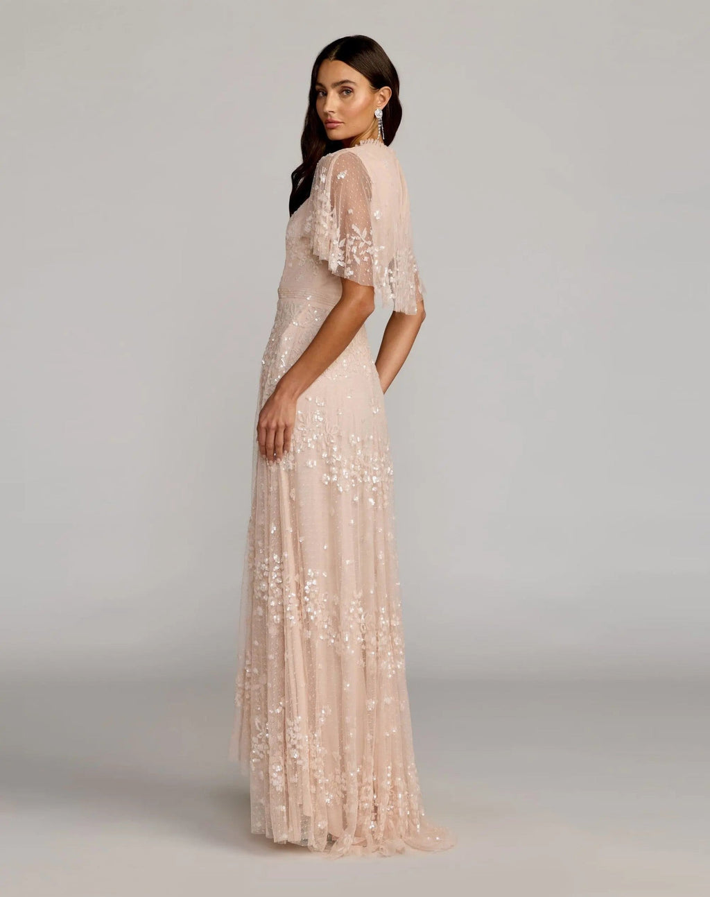 Blush Pink Sequined High Neck Flutter Sleeve A Line Gown