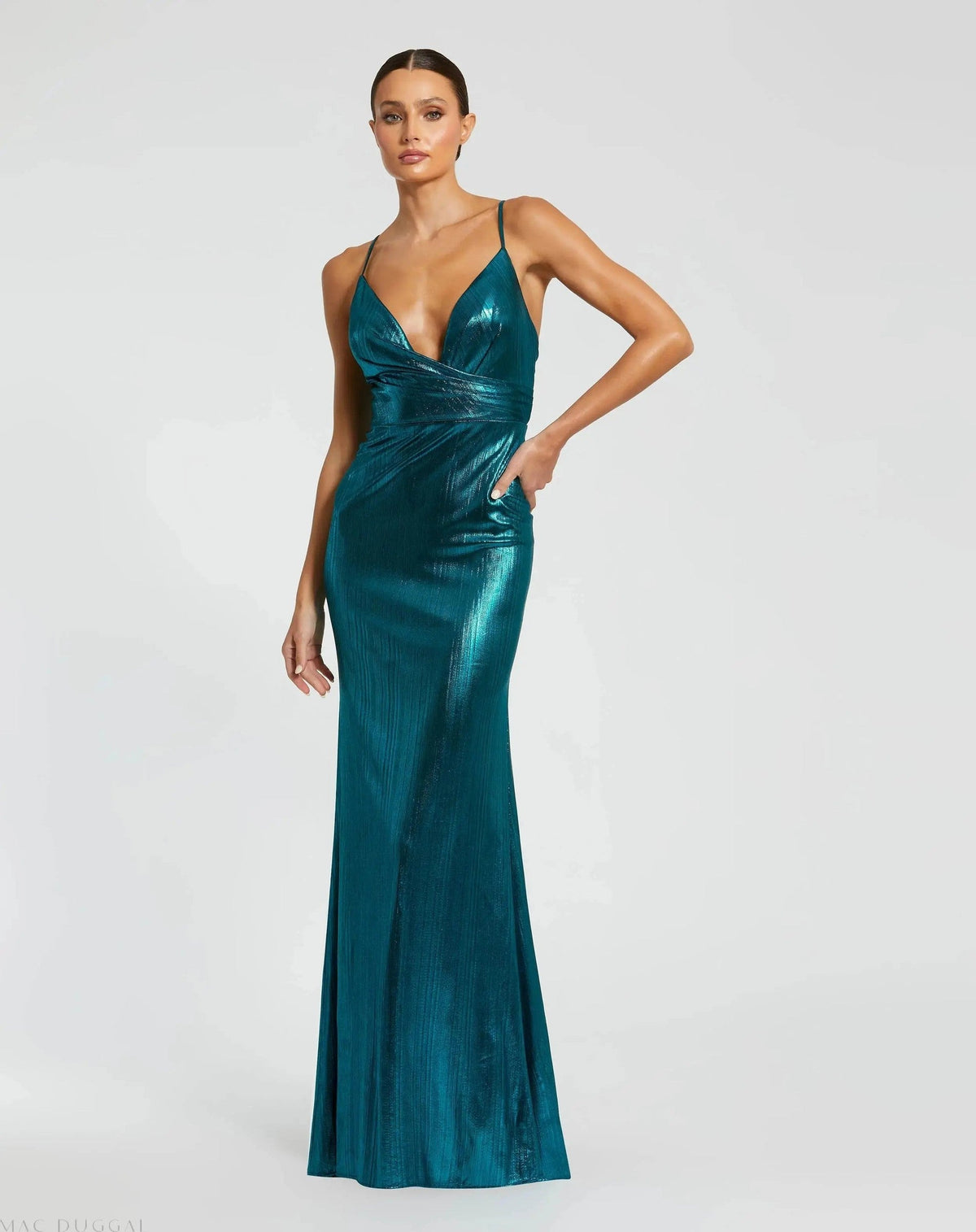 Metallic Faux Wrap Spaghetti Strap Gown