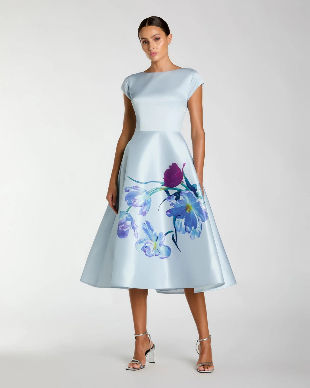 Periwinkle Multi Satin Cap Sleeve Midi Dress With Floral Print