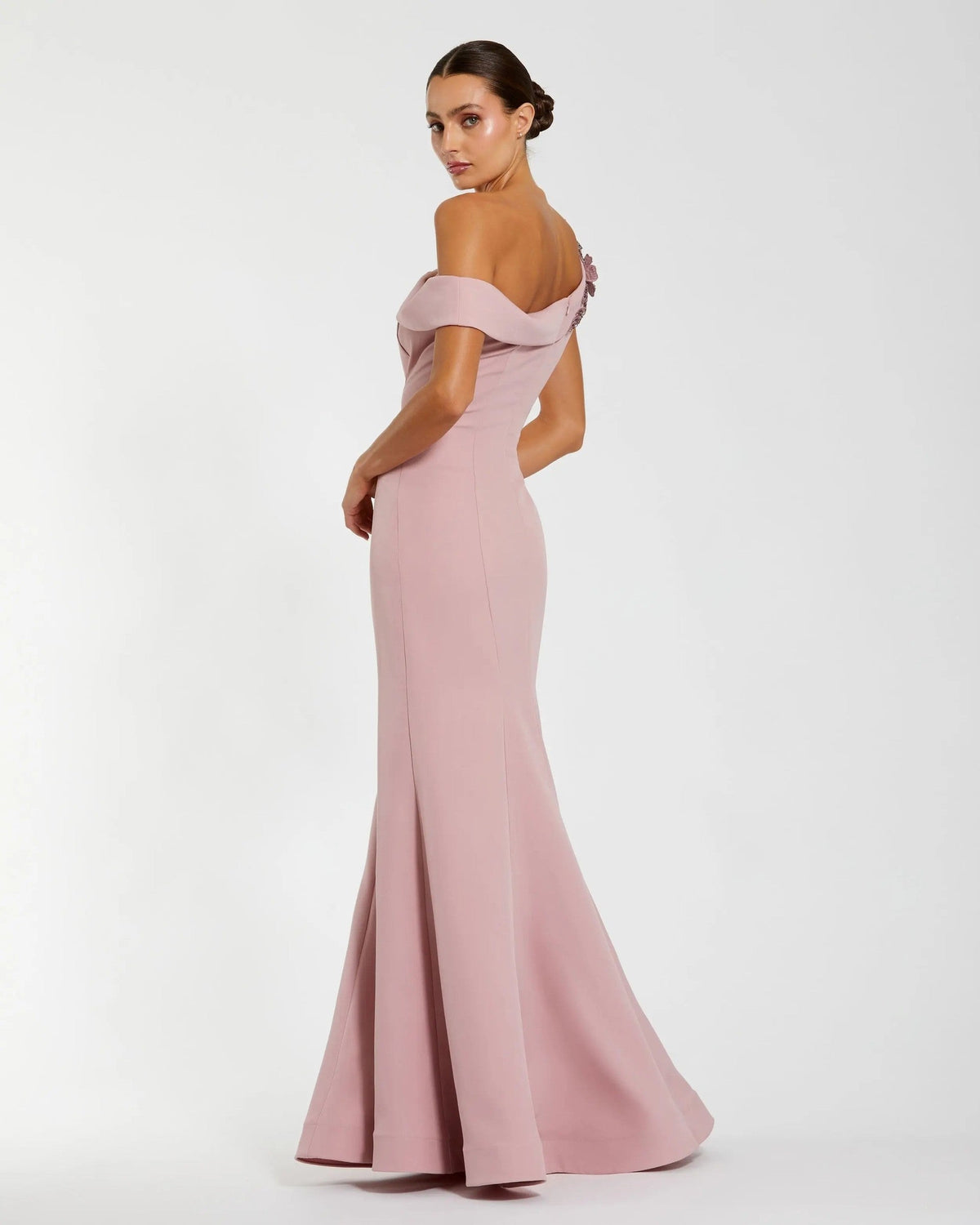 Rose One Shoulder Floral Appliqué Crepe Gown