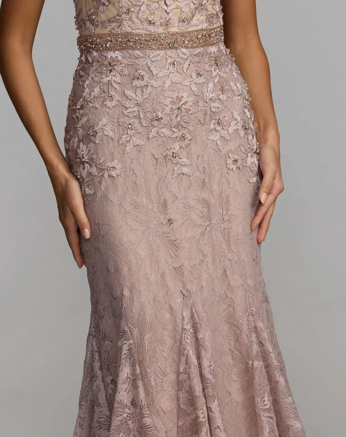 Mocha Embellished Lace Illusion Neck Gown With 3D Flowers
