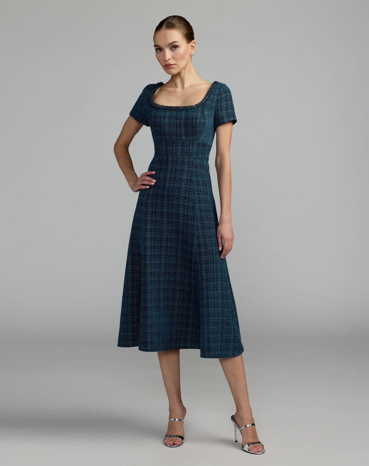 Petite Teal Short Sleeve Embellished Boucle Midi Dress
