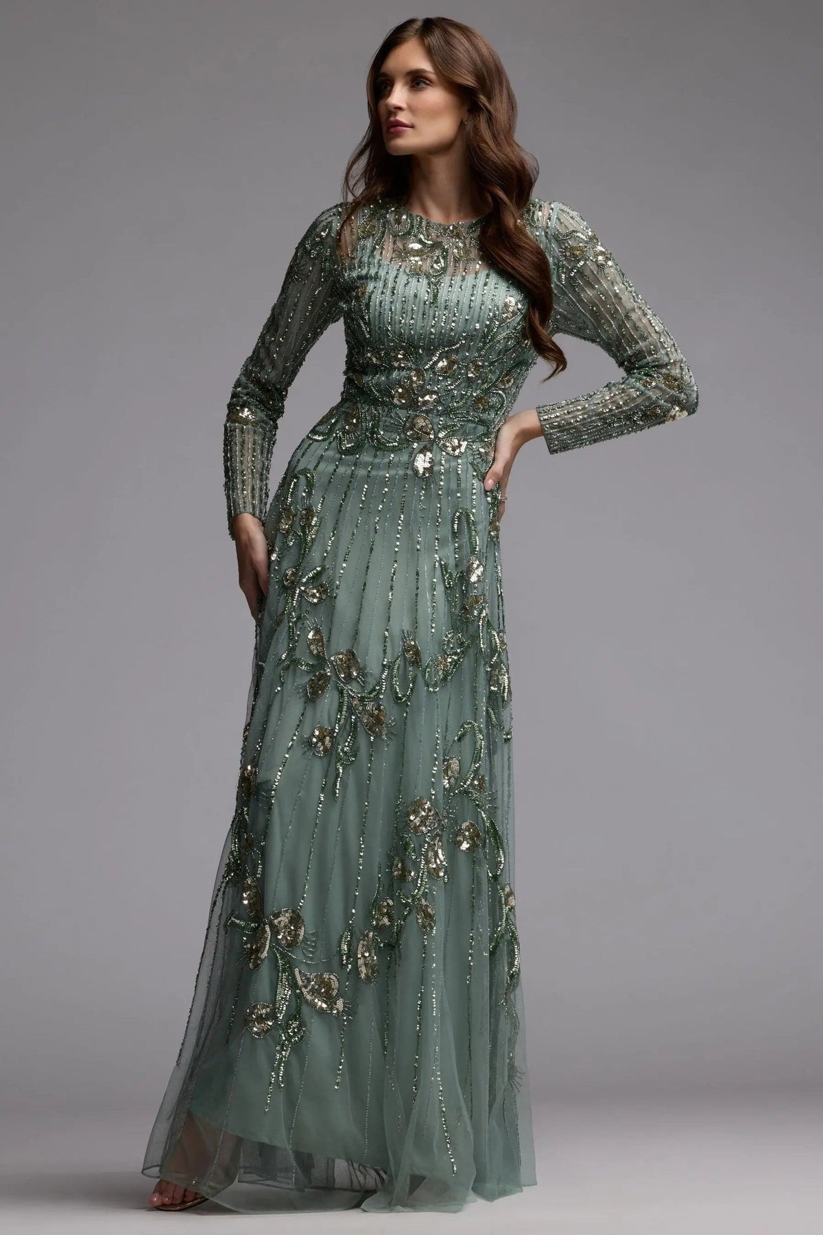Sage Beaded Long Sleeve A Line Gown