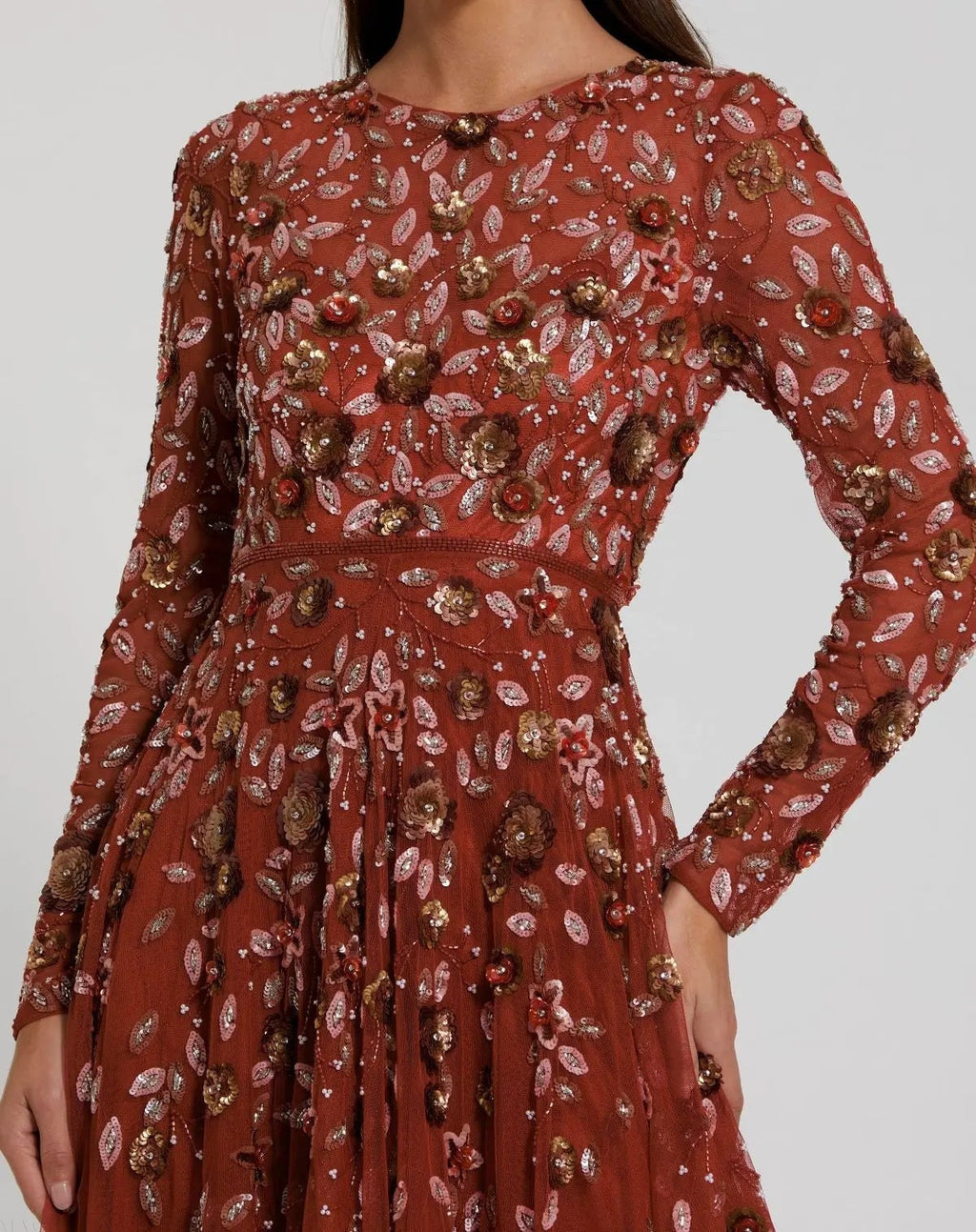 Cinnamon Embellished High Neck Long Sleeve A Line Gown