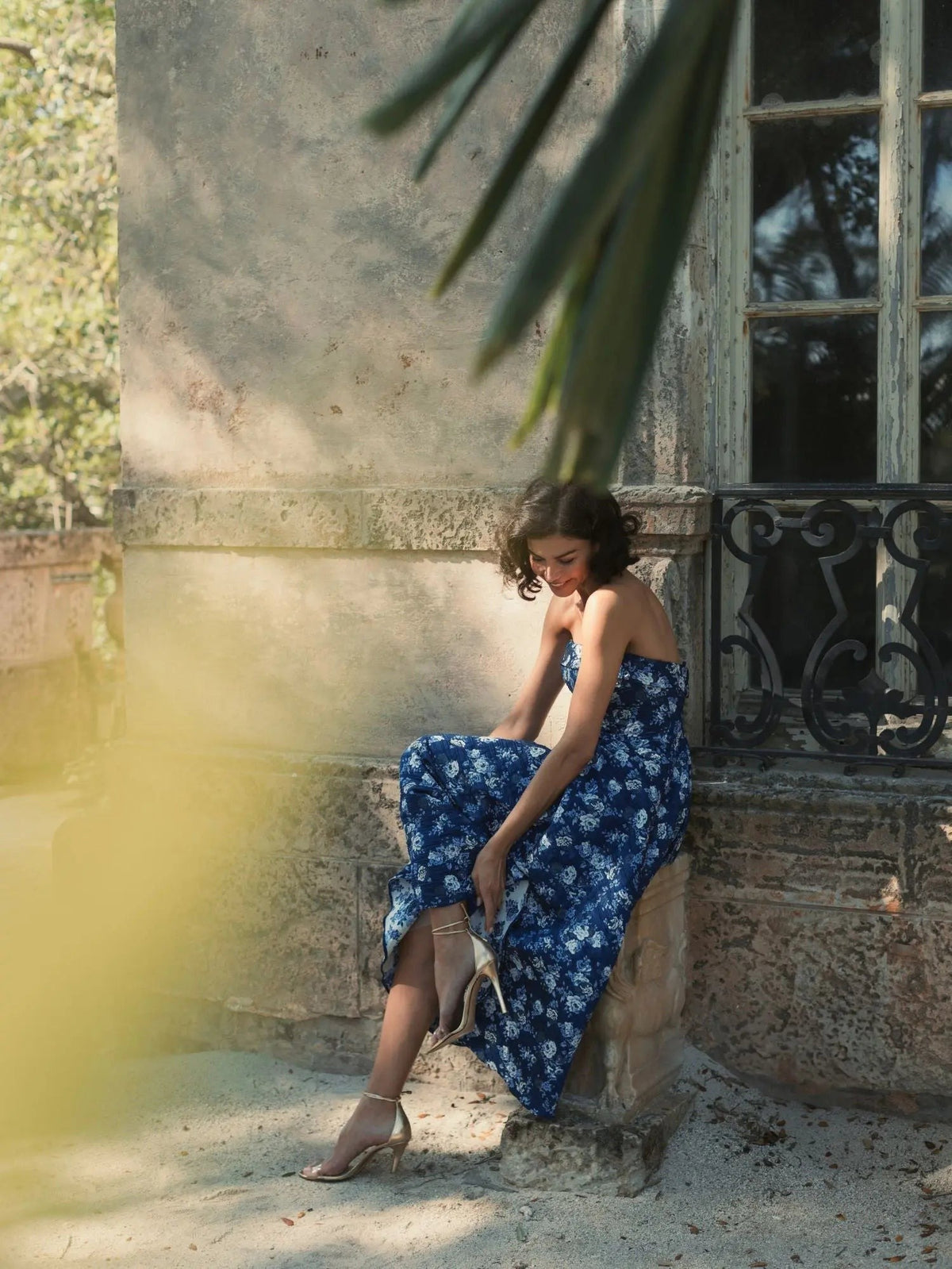 Blue Strapless Floral Brocade Midi Dress