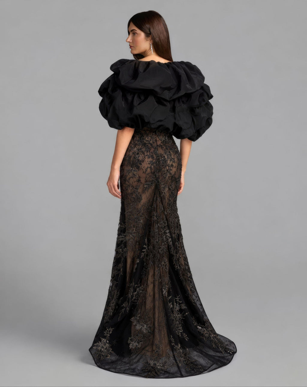 Black Nude Floral Lace Puff Sleeve Mermaid Gown