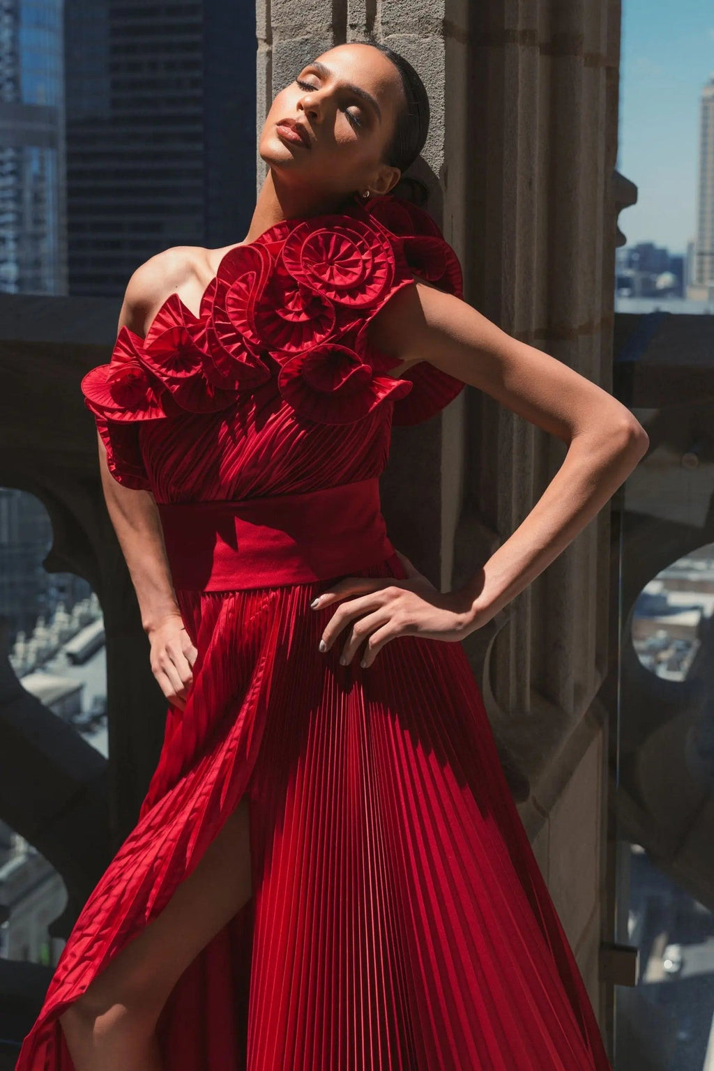 Red Ruffled One Shoulder Charmeuse Evening Gown