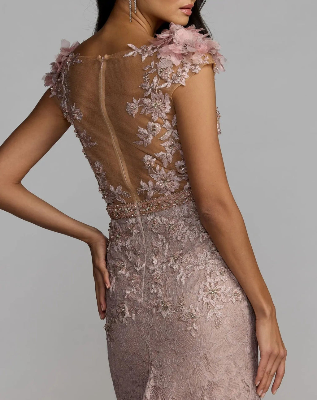 Mocha Embellished Lace Illusion Neck Gown With 3D Flowers