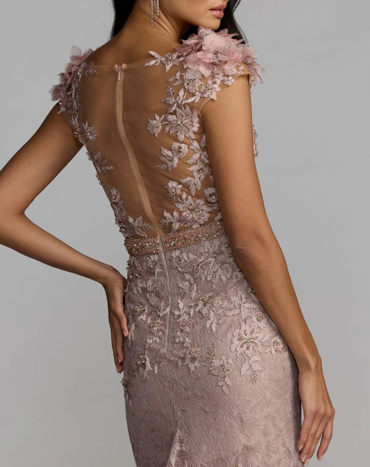 Mocha Embellished Lace Illusion Neck Gown With 3D Flowers