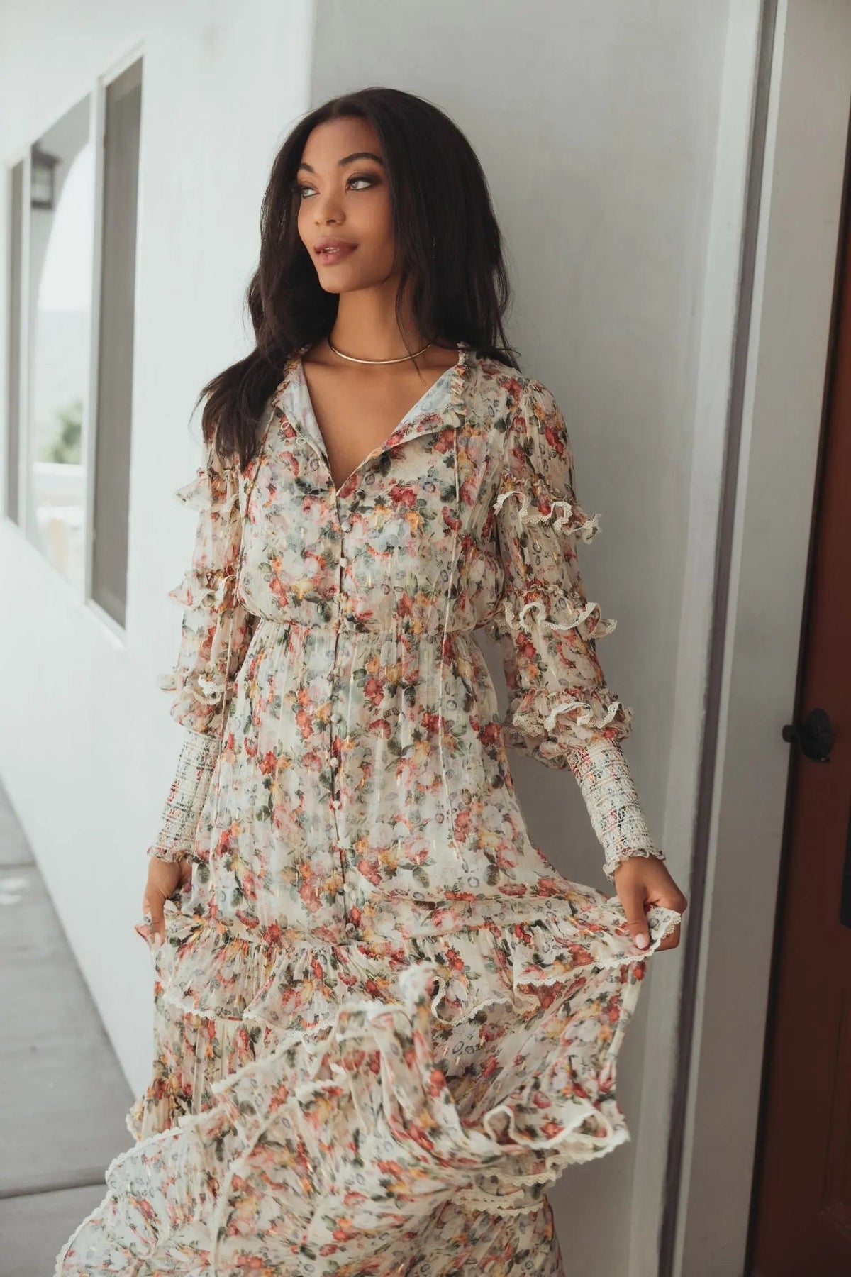 Beige Floral Tiered Ruffle Midi Dress with Long Sleeves