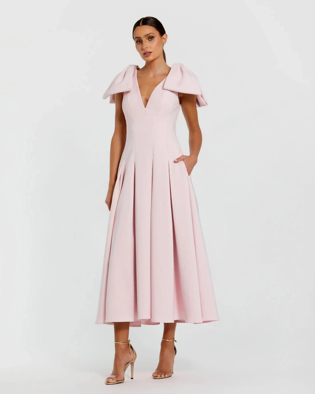 Pink Crepe A Line Midi Dress With Bow Straps