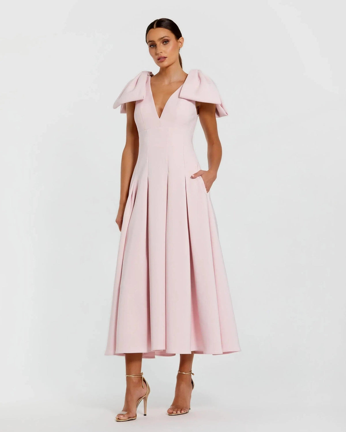Pink Crepe A Line Midi Dress With Bow Straps