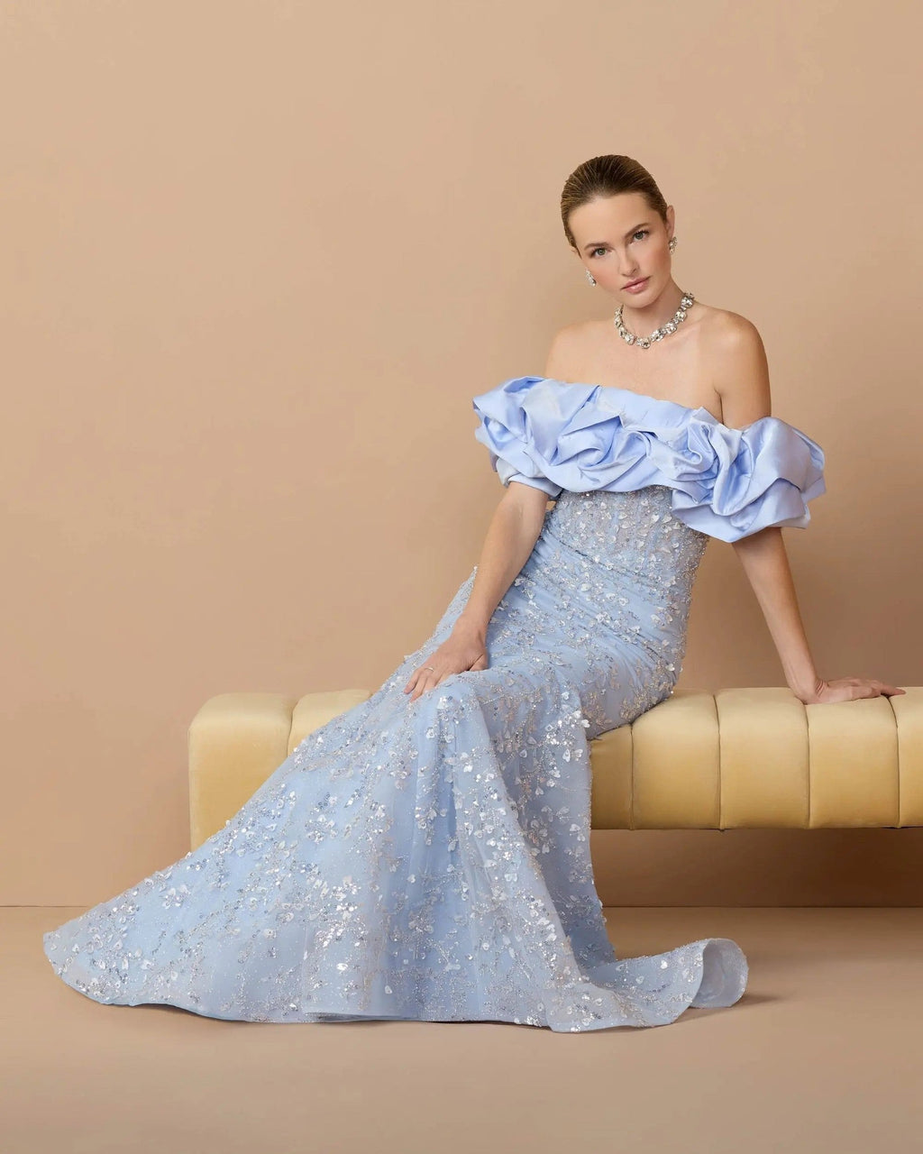 Periwinkle Embellished Mermaid Gown With Off The Shoulder Ruffle
