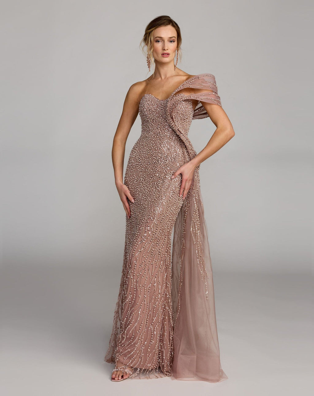 Taupe One Shoulder Embellished Gown With Drape Detail