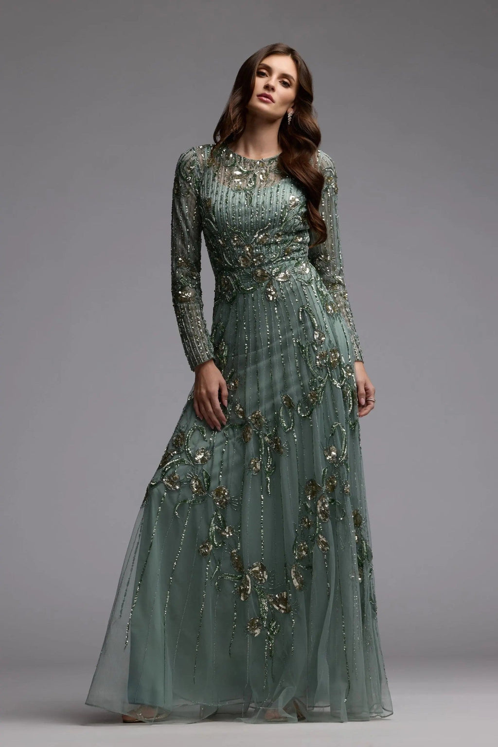 Sage Beaded Long Sleeve A Line Gown