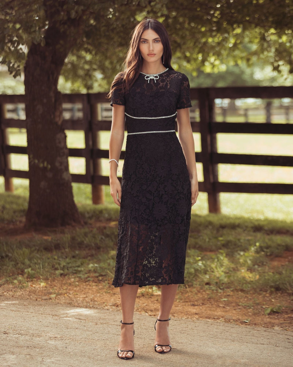 Black Short Sleeve Lace Midi Dress With Rhinestone Trim