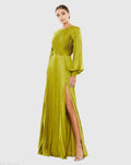Apple Green Pleated High Neck Long Sleeve Gown With Slit