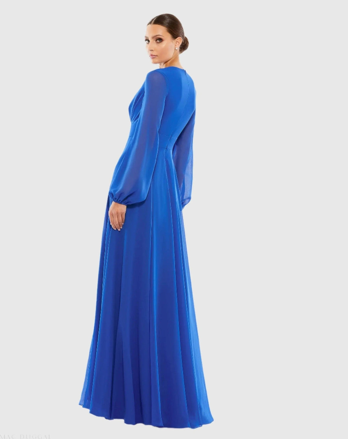 Blue V-Neck Illusion Long Sleeve Chiffon Gown