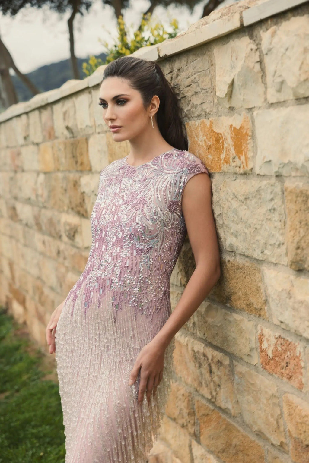 Vintage Lilac Embellished Cap Sleeve Gown With Fringe Beading