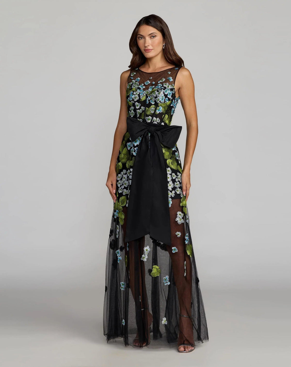 Blue Multi Floral Embroidered Corset Gown With Bow
