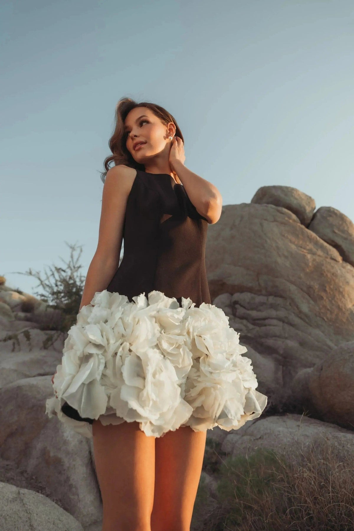 Black Cream Sleeveless Mini Dress With 3D Floral Skirt