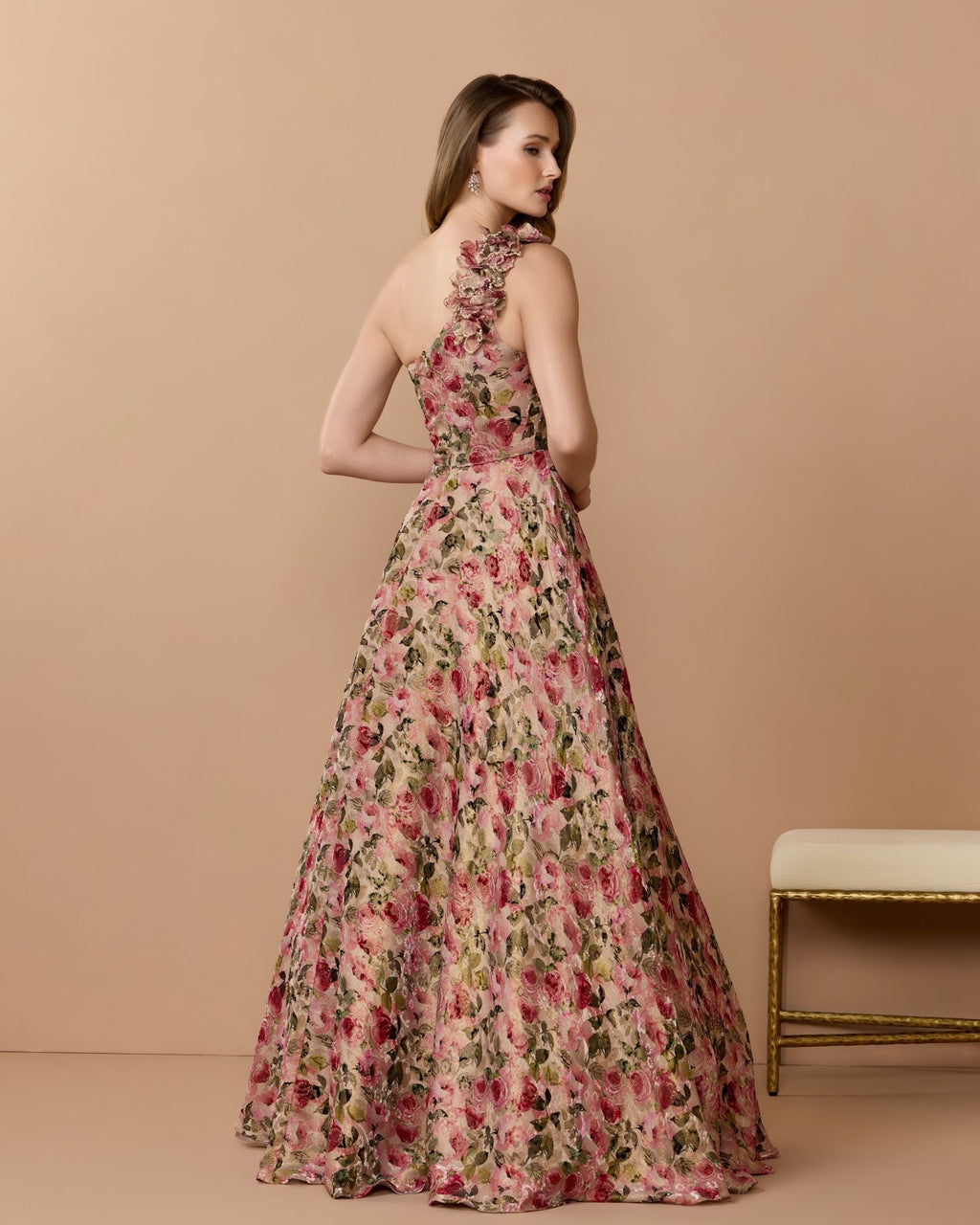 Pink Multi One Shoulder Velvet Floral Ball Gown
