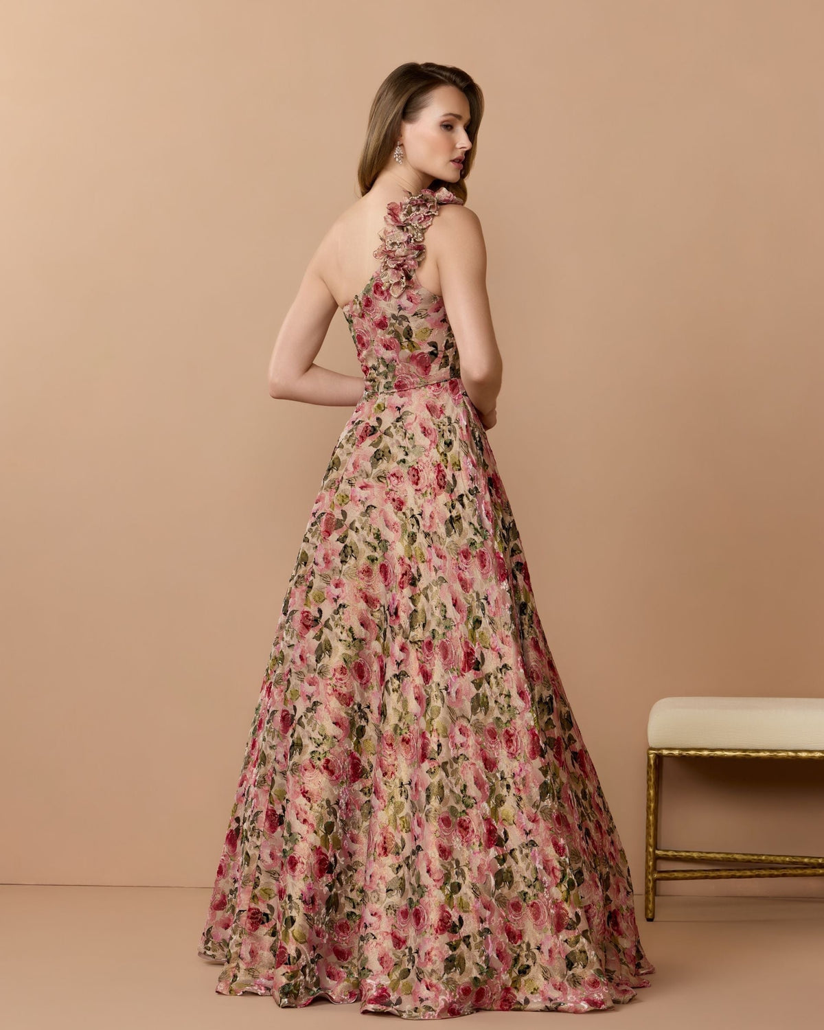 Pink Multi One Shoulder Velvet Floral Ball Gown