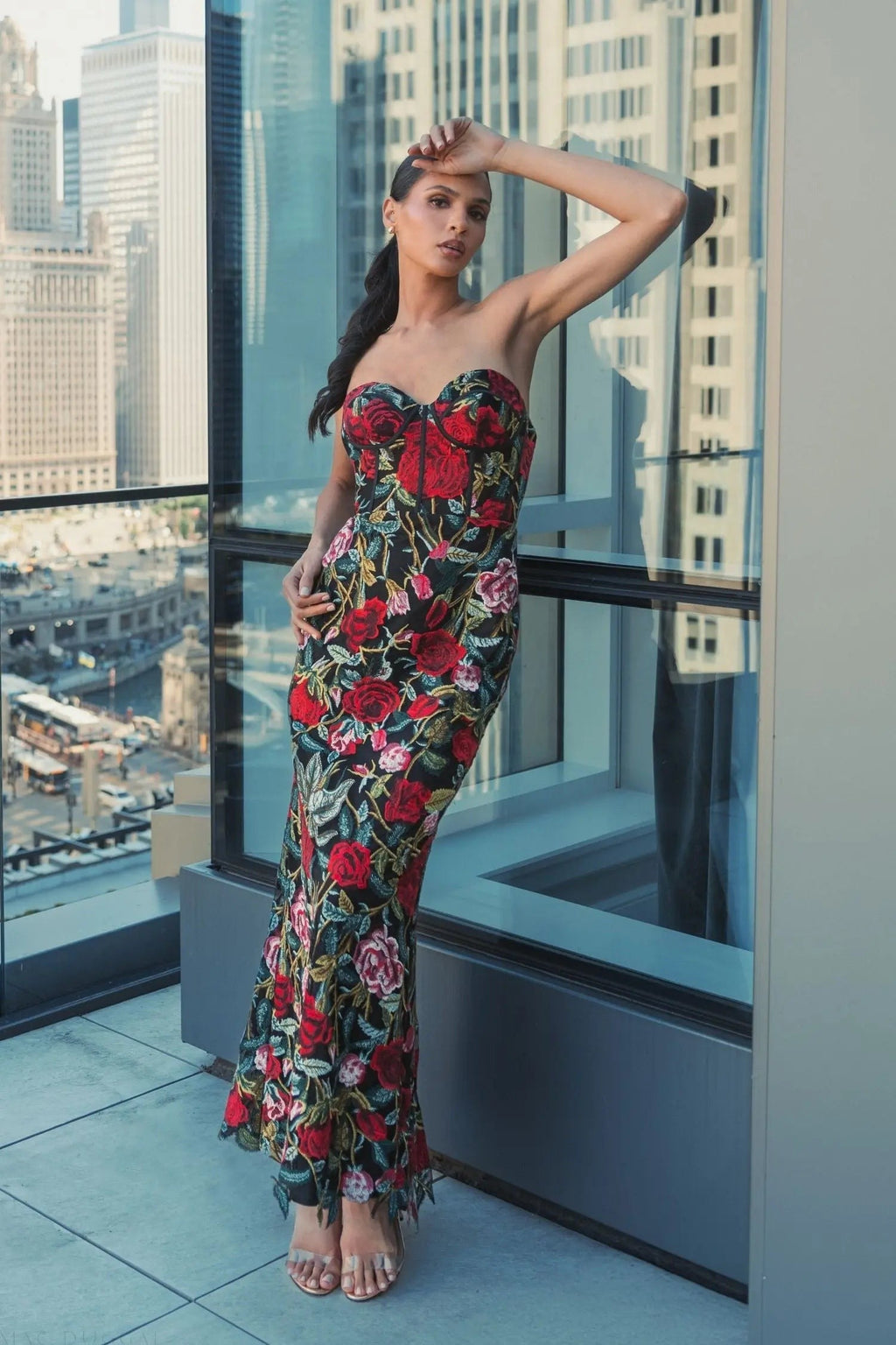 Black Sheer Bustier Top Floral Applique Gown