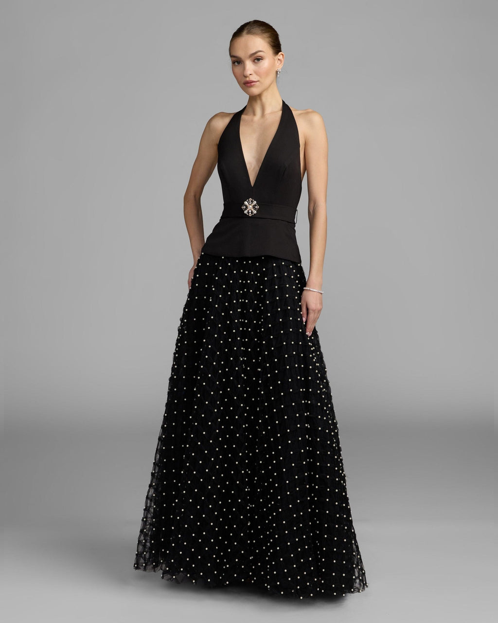 Petite Black Halter Pearl Embellished A-Line Gown