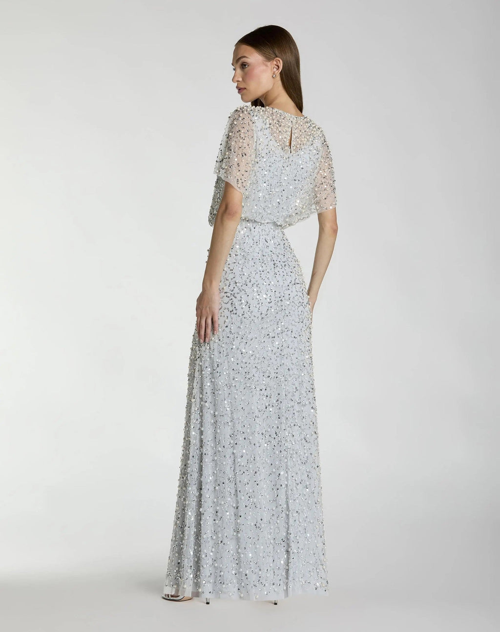 Powder Blue High Neck Short Sleeve Embellished Gown