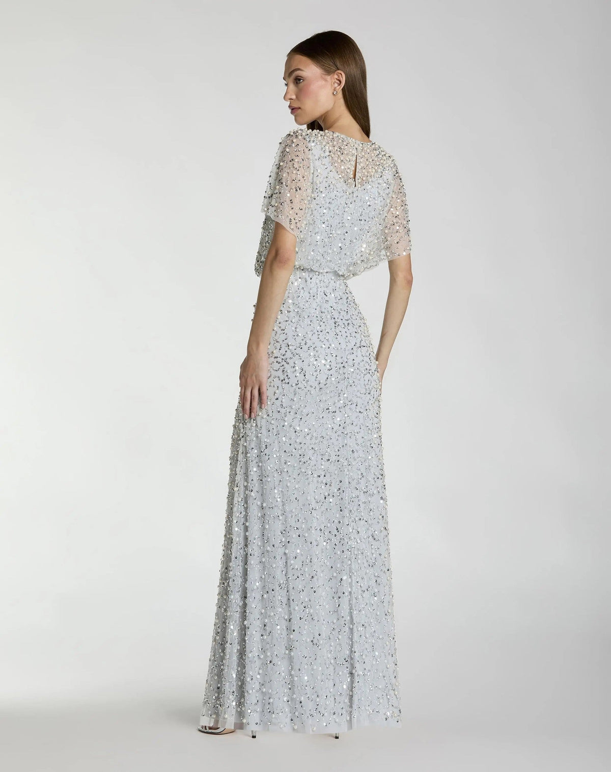 Powder Blue High Neck Short Sleeve Embellished Gown