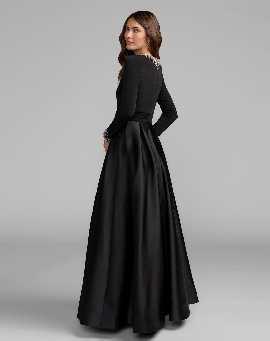 Petite Black Jersey and Satin Long Sleeve A-Line Gown