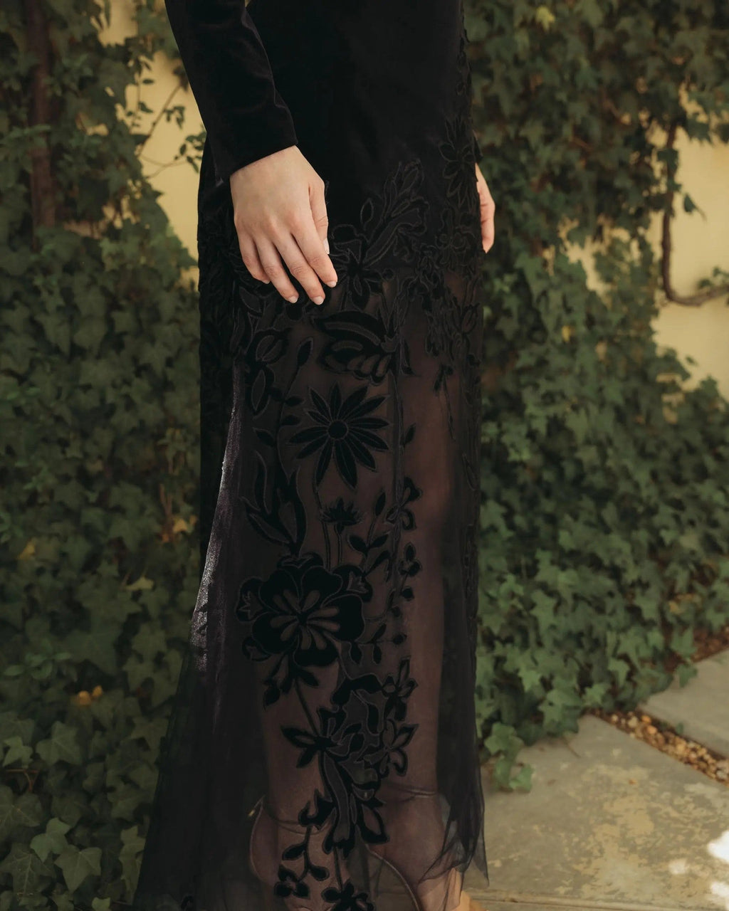 Black Long Sleeve Sheer Floral Embroidered Velvet Dress