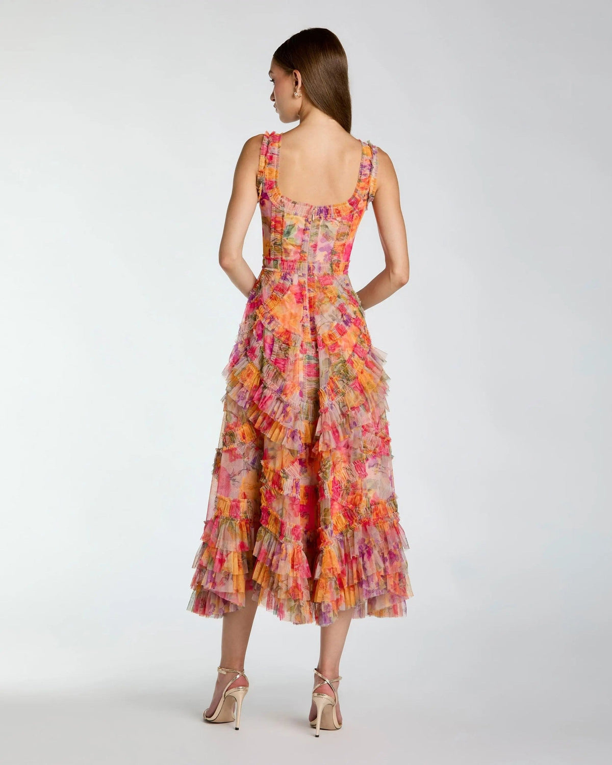 Multi Floral Scoop Neck A-Line Ruffle Midi Dress