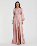 Blush Pleated High Neck Long Sleeve Gown With Slit