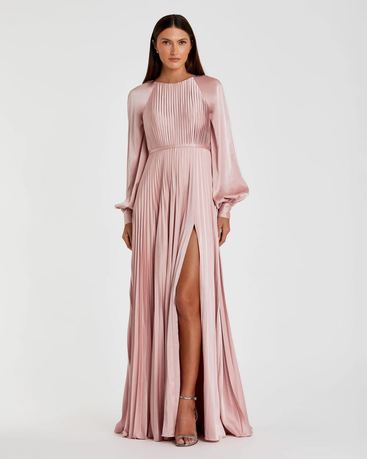 Blush Pleated High Neck Long Sleeve Gown With Slit