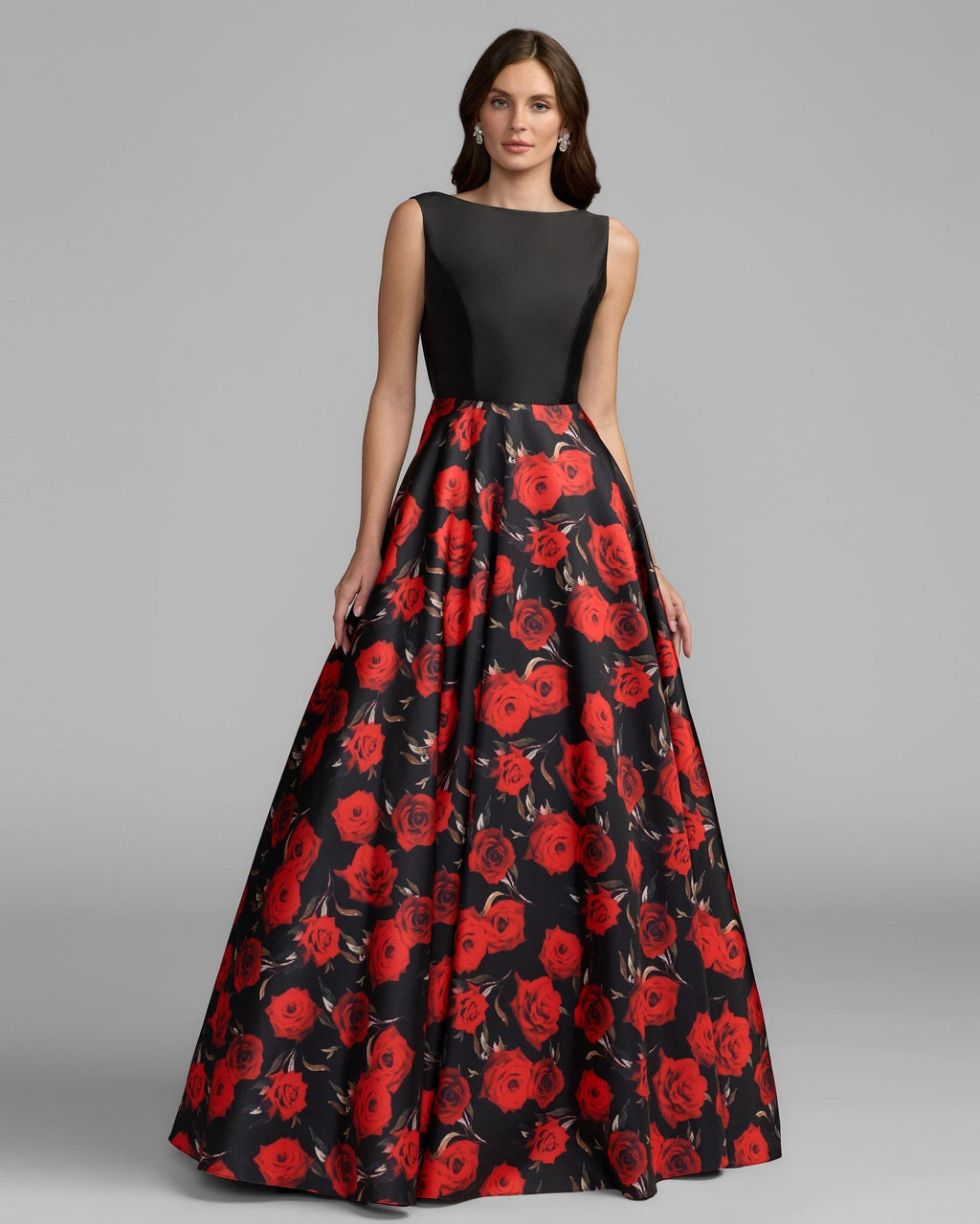 Red Rose Floral Open Back Ball Gown