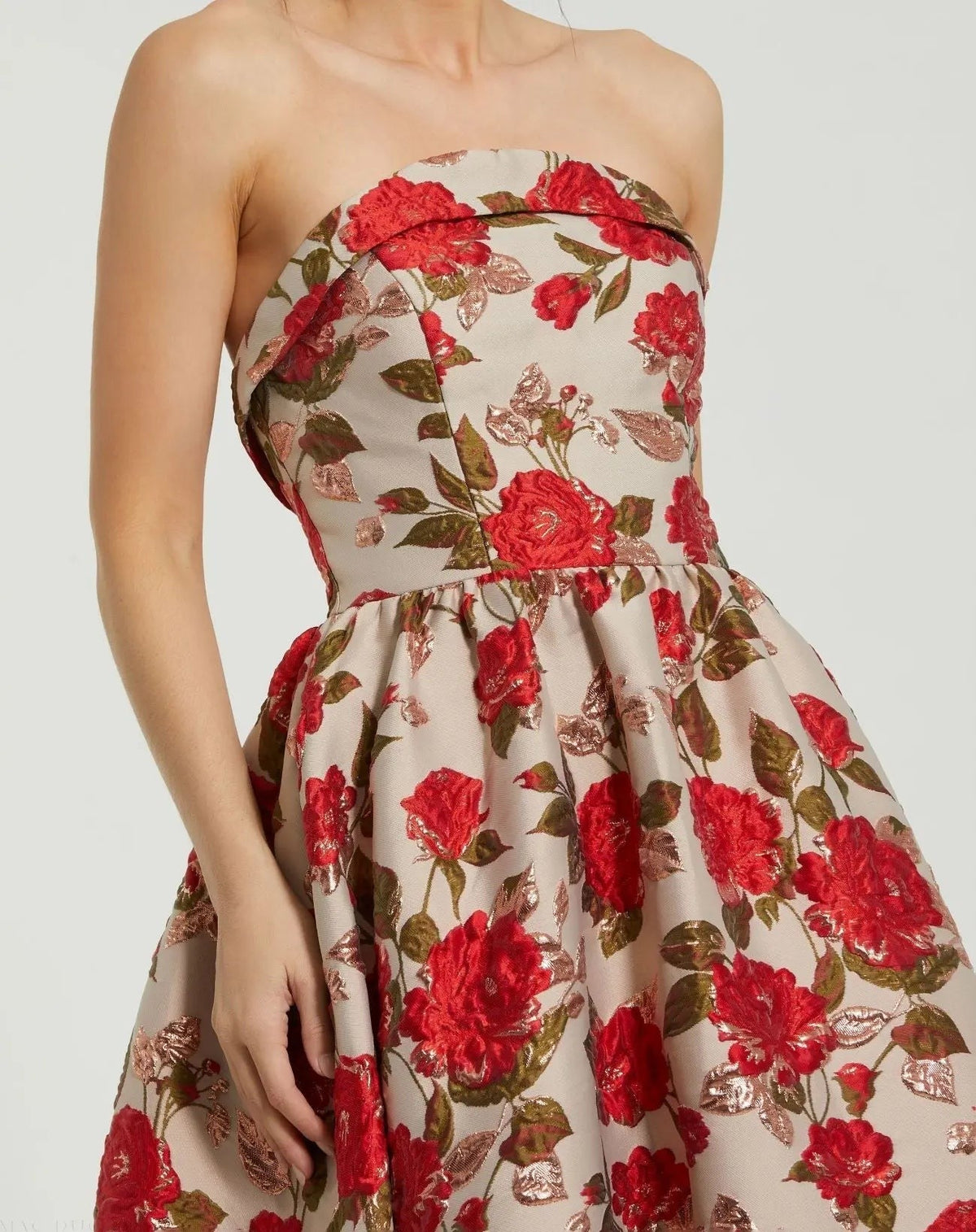 Multicolor Brocade Strapless Floral Gown With Ruffle Hem
